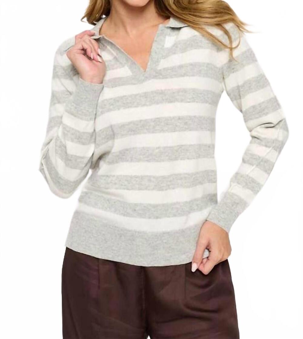 NEW RENEE C striped knit polo collar neck long sleeve sweater in ivory/grey
